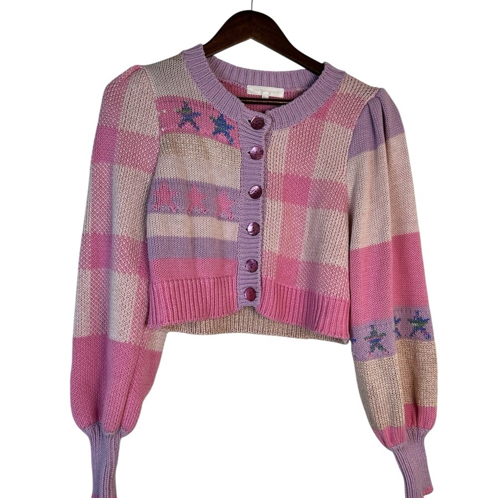 LoveShackFancy Pink Check Cardigan Puff Sleeve Knit Small - Picture 6 of 13